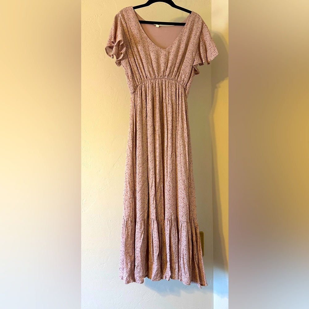 Pink Dot Print Ruffle Maternity Midi Dress - Picture 4 of 6